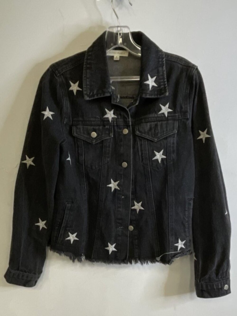 Honey Punch Washed Black Denim Jacket White Embroidered Stars Small